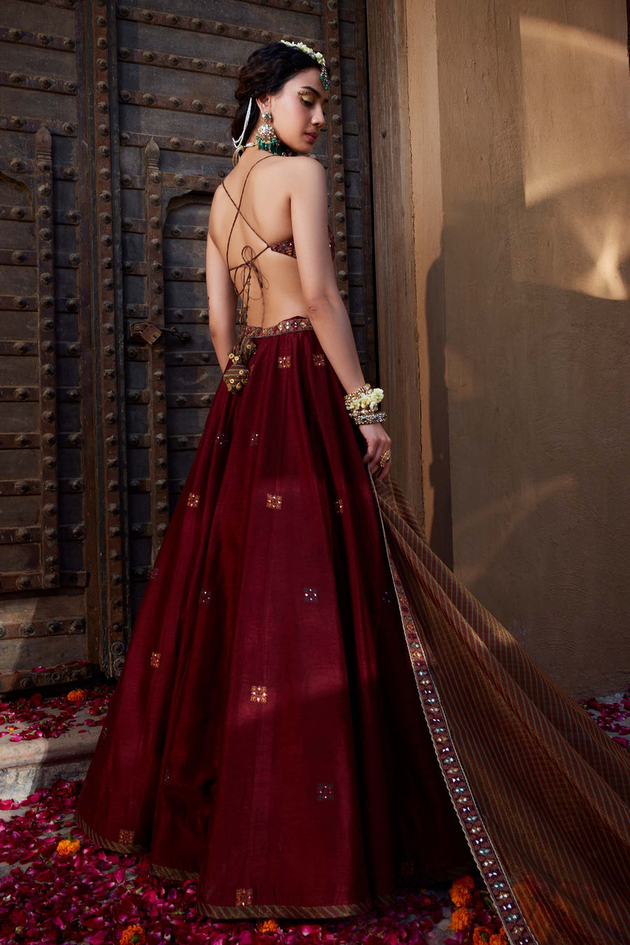 Maroon Multi Thread And Mirror Work Lehenga