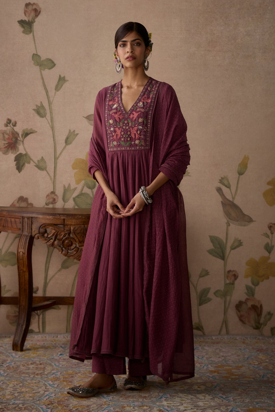 Wine Hand Embroidered A-Line Kurta Set