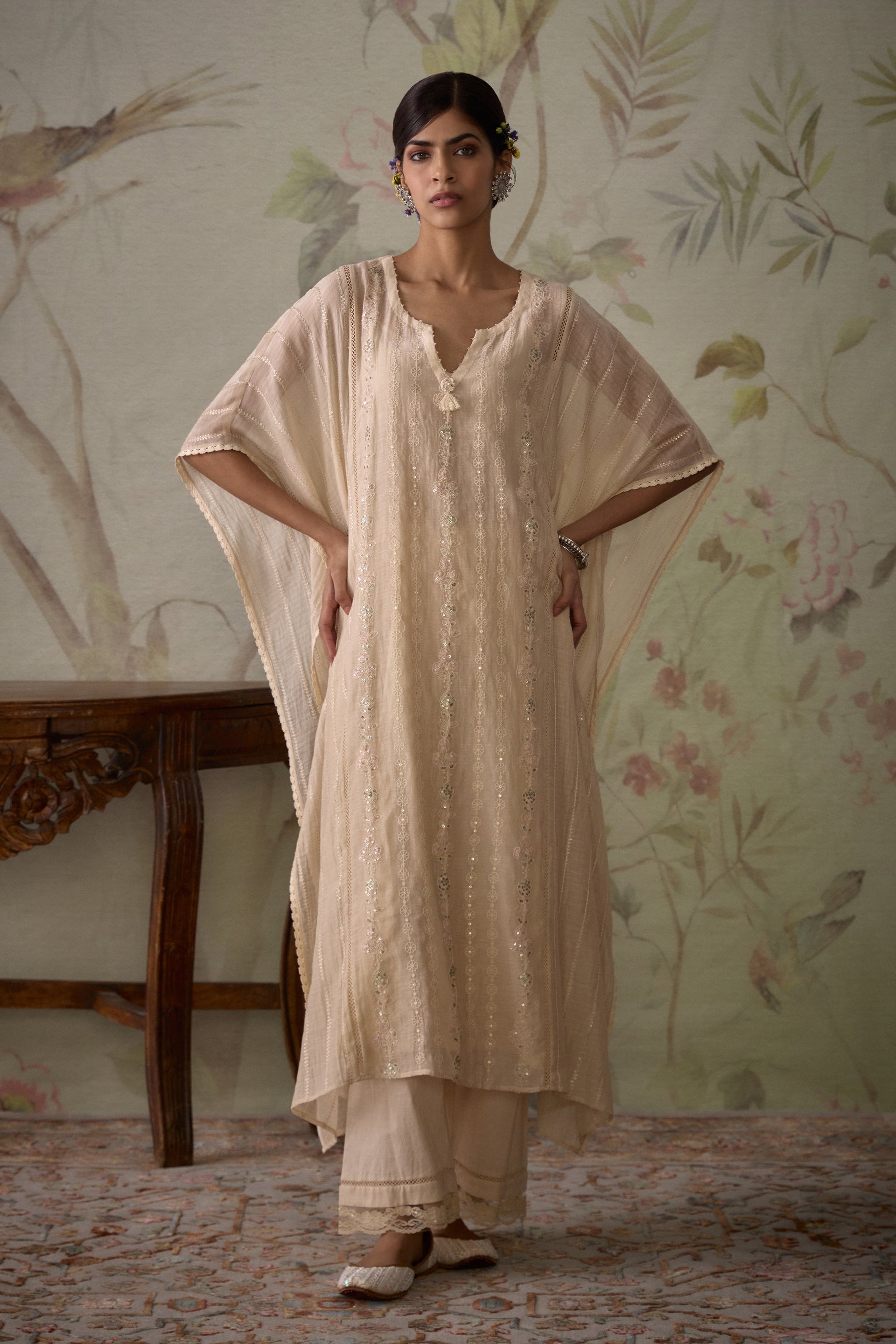 Ivory Floral Hand Embroidered Kaftaan