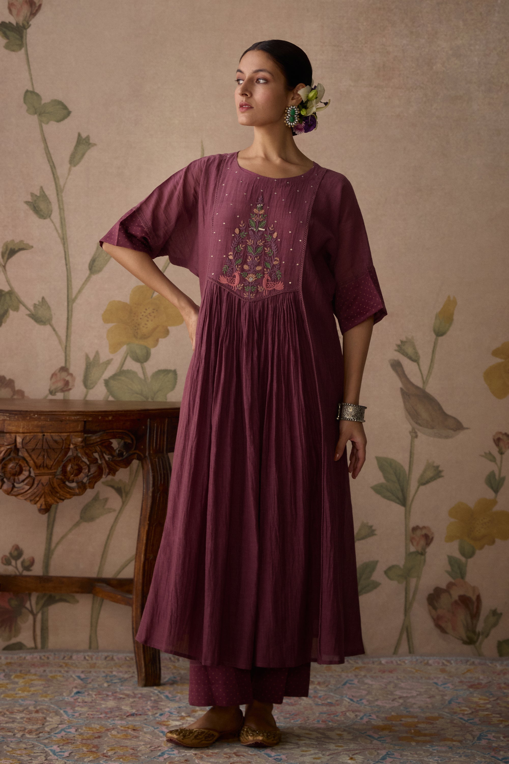 Wine_Handwoven_Chanderi_Tunic_Set_Kritika_Dawar