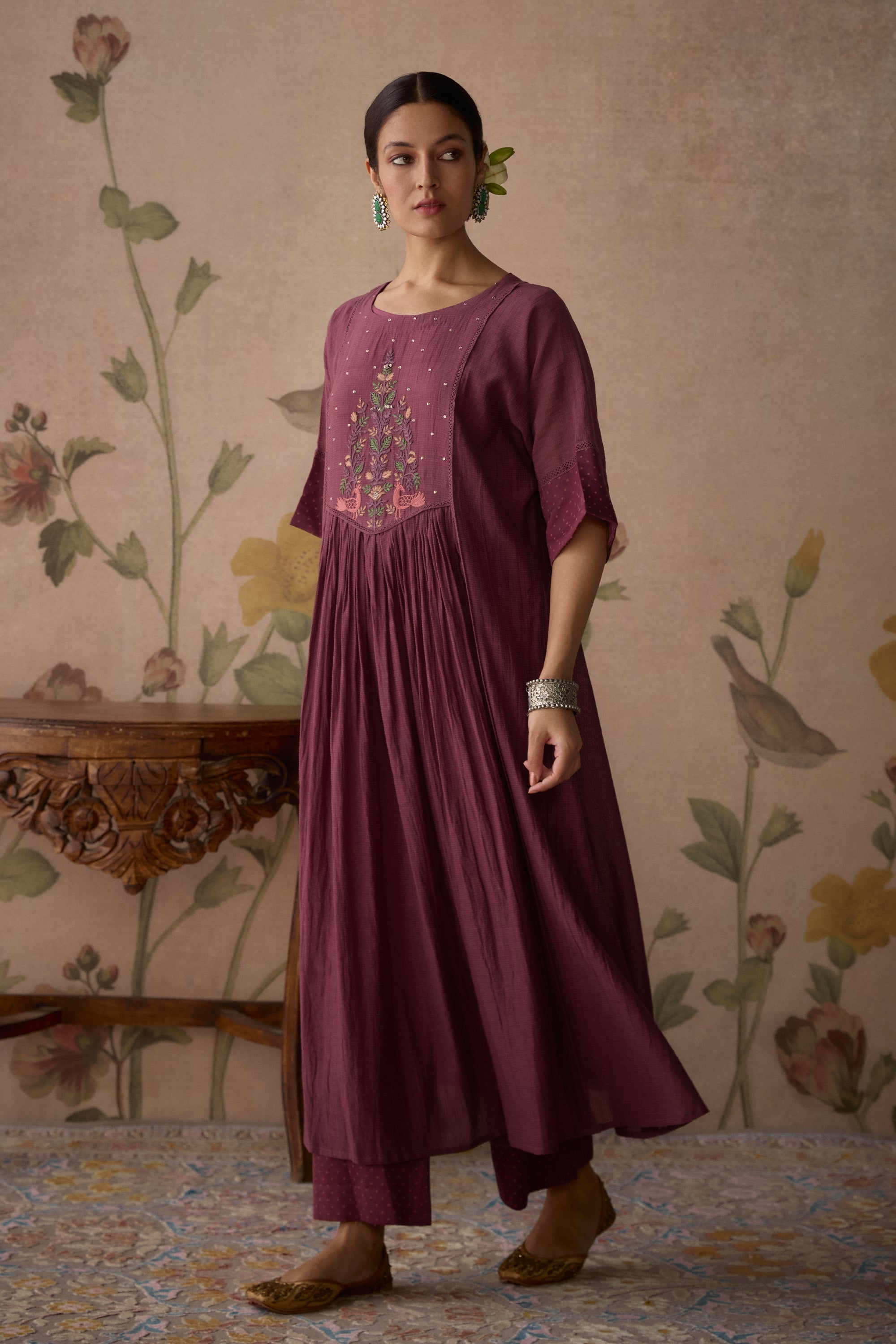 Wine_Handwoven_Chanderi_Tunic_Set_Kritika_Dawar