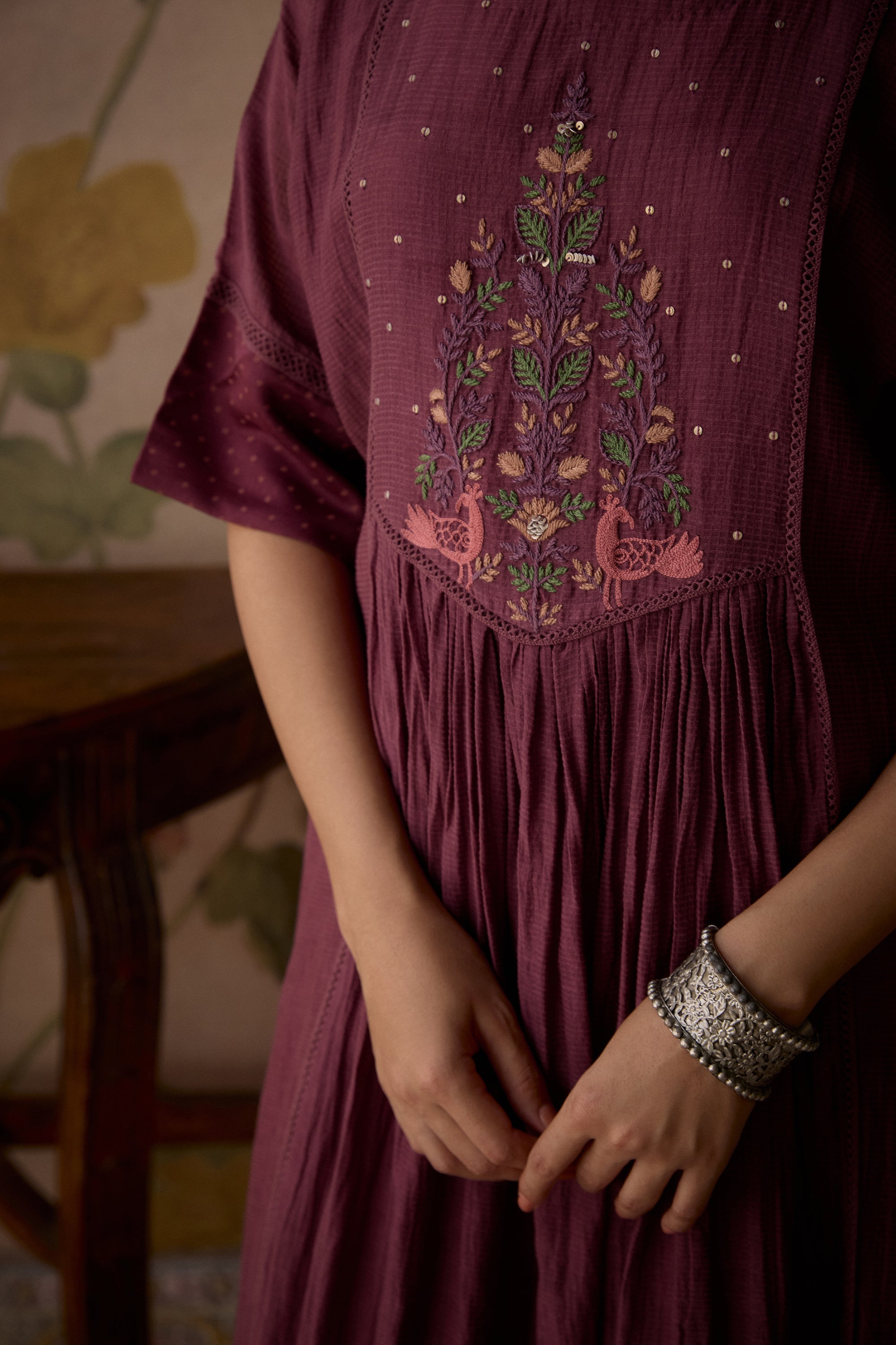 Wine_Handwoven_Chanderi_Tunic_Set_Kritika_Dawar