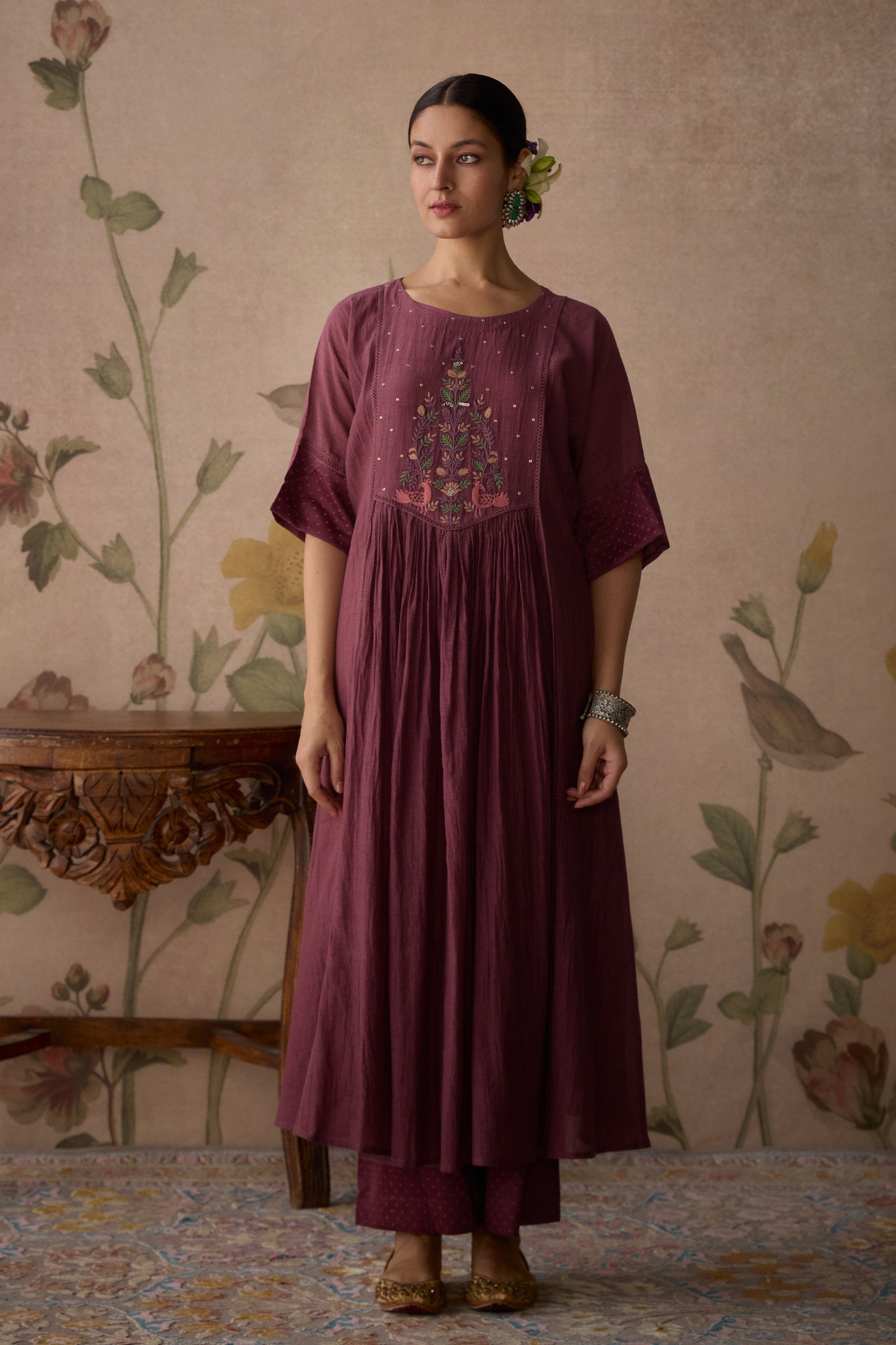 Wine_Handwoven_Chanderi_Tunic_Set_Kritika_Dawar