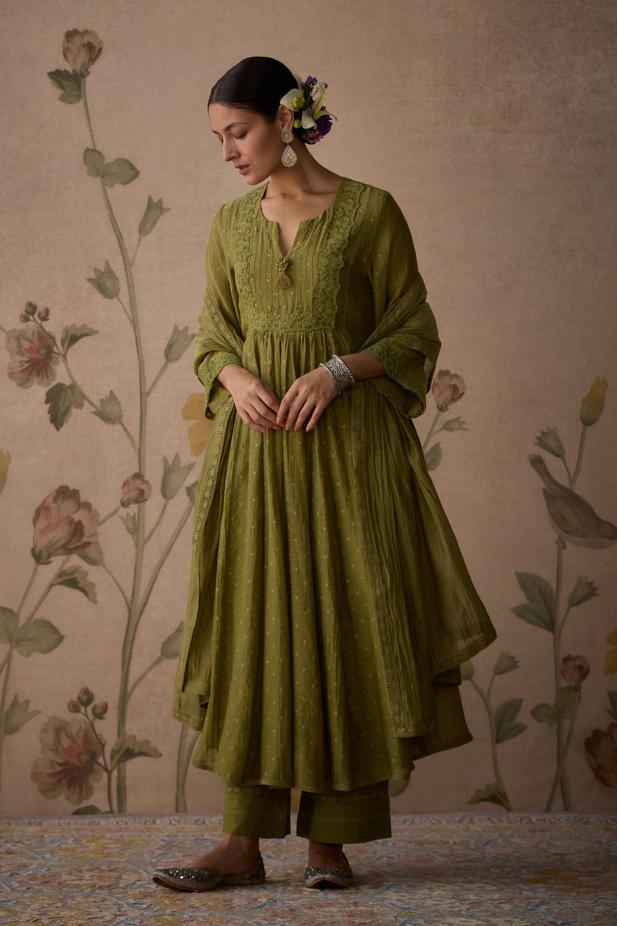 Green Chanderi Lace A-Line Kurta Set