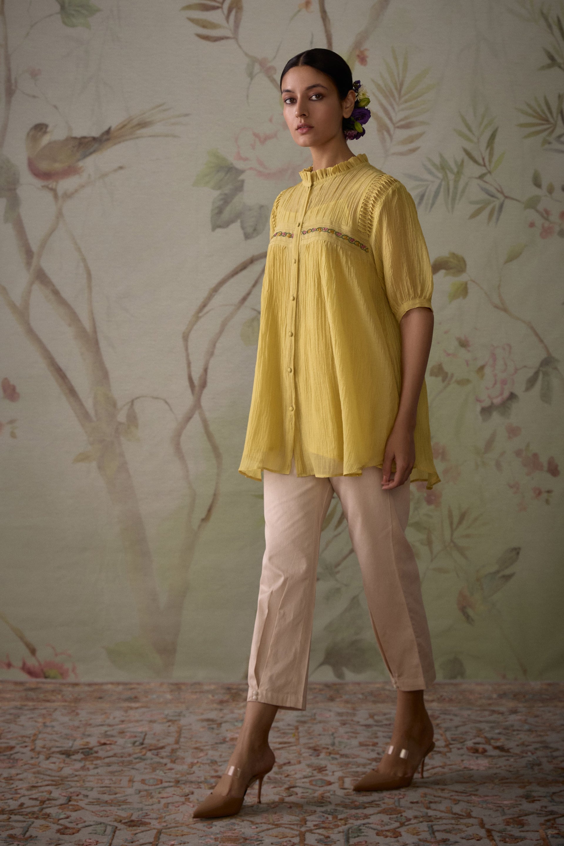 Lemon Yellow Chanderi Pintuck Short Tunic With Pants