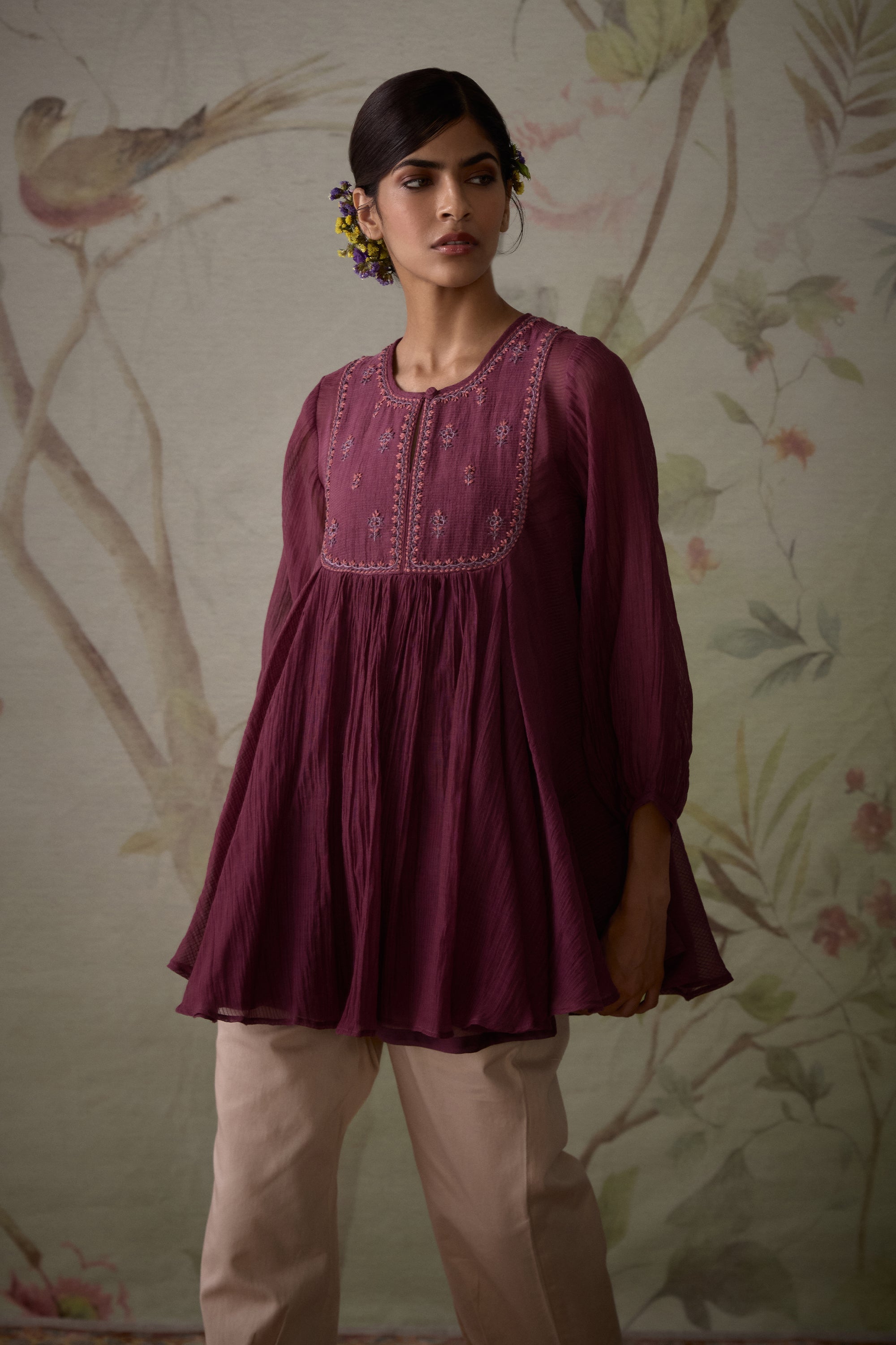 Wine_Handwoven_Flared_Short_Tunic_With_Pants_Kritika_Dawar