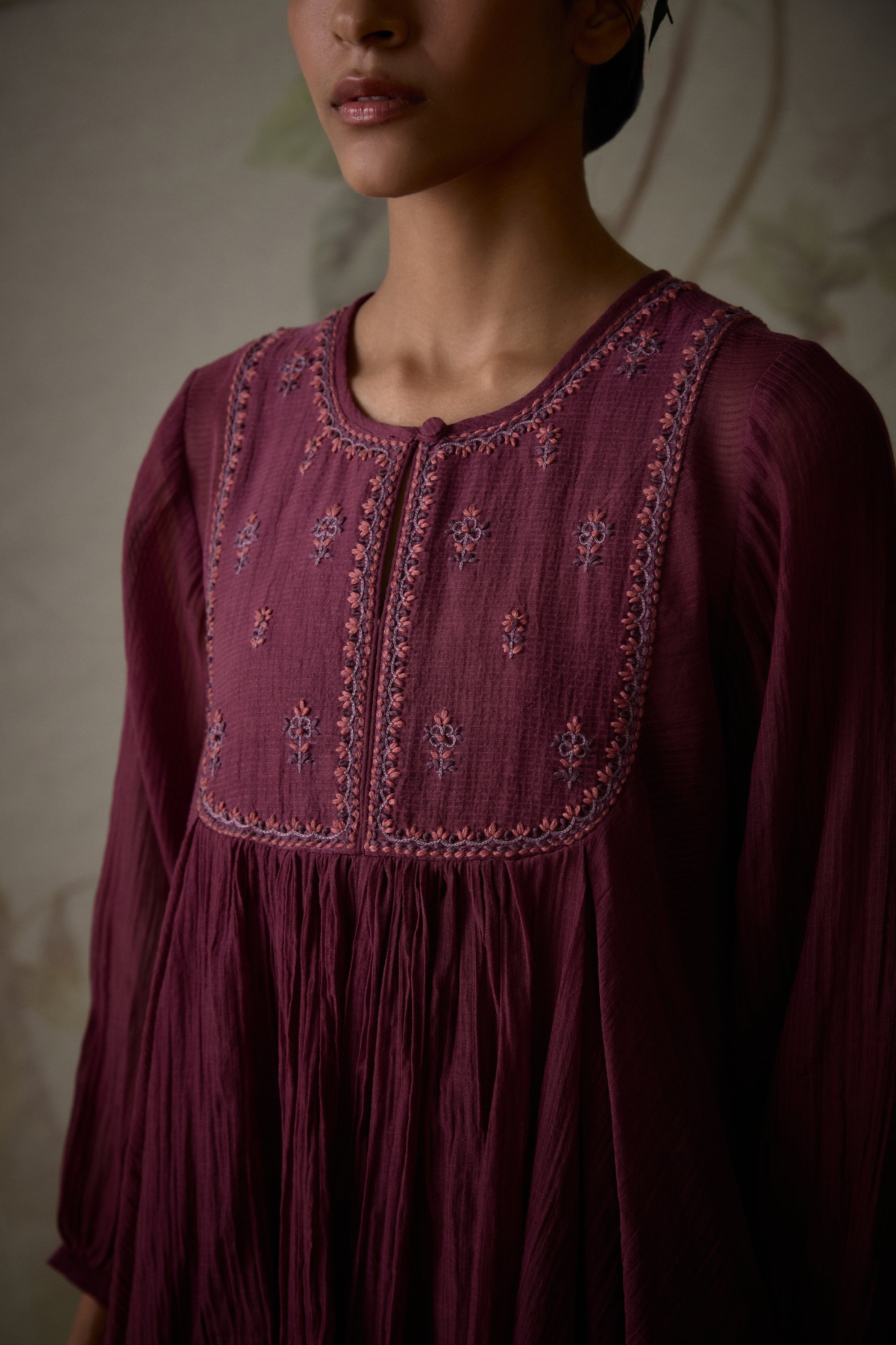Wine_Handwoven_Flared_Short_Tunic_With_Pants_Kritika_Dawar
