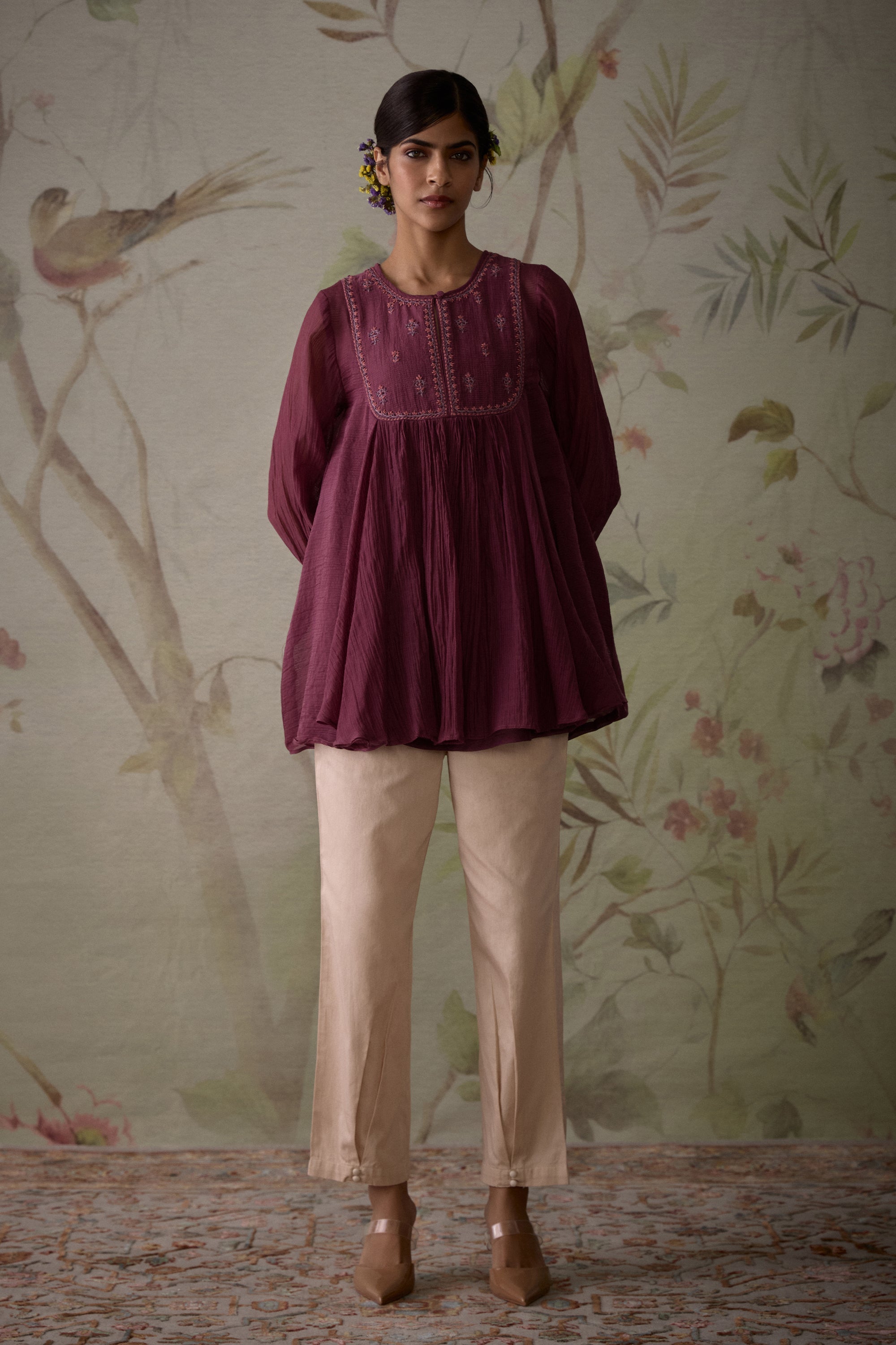 Wine_Handwoven_Flared_Short_Tunic_With_Pants_Kritika_Dawar
