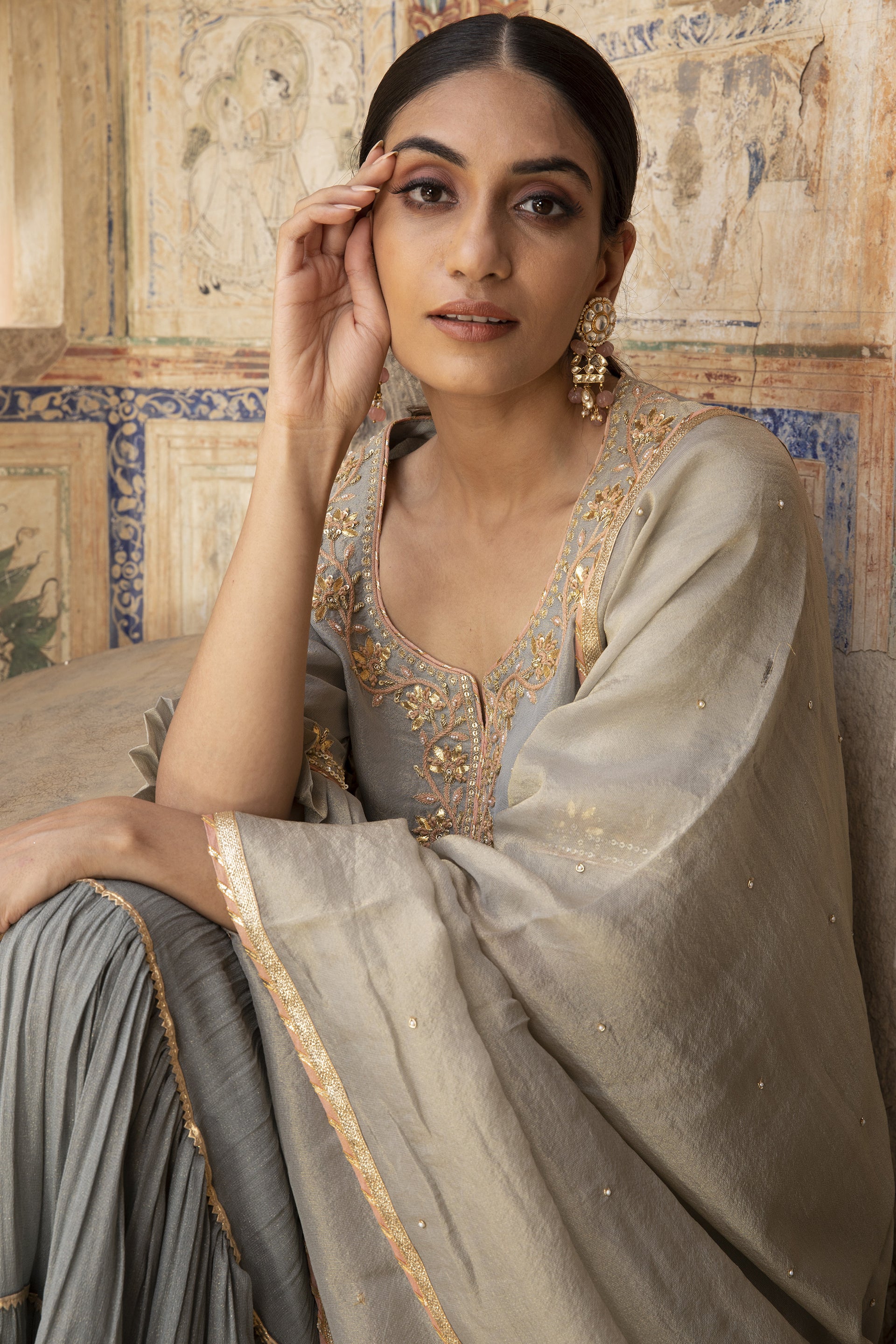 Grey Hand Embroidered Sharara Set