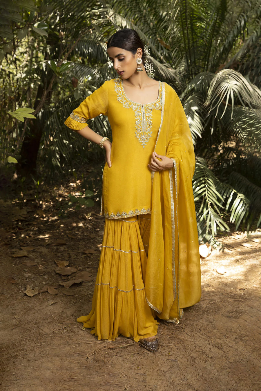 Yellow Tissue Hand Embroidered Sharara Set